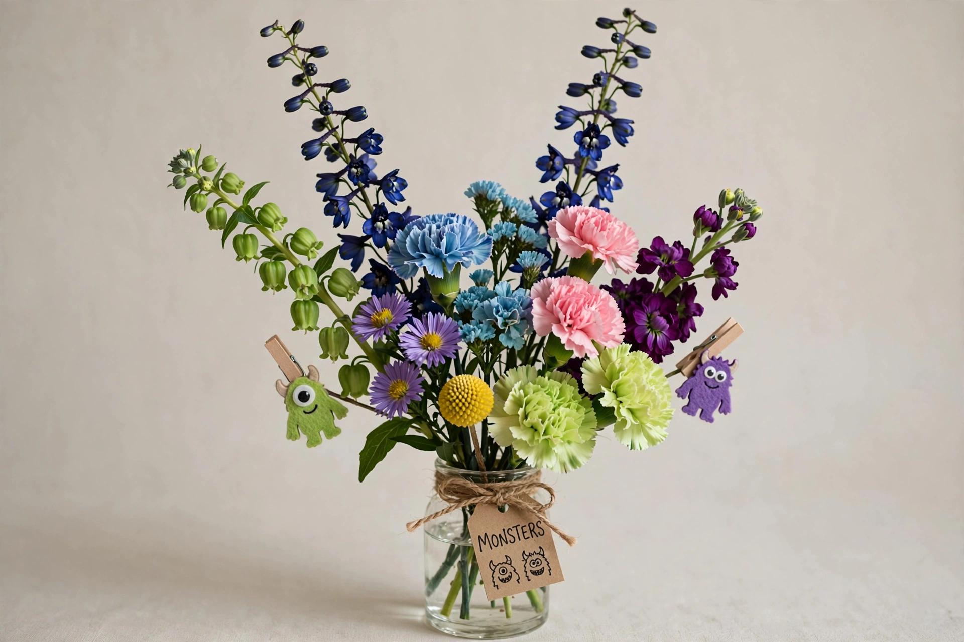 Full Monsters bouquet mockup in blue, purple, pink, green, and yellow flowers