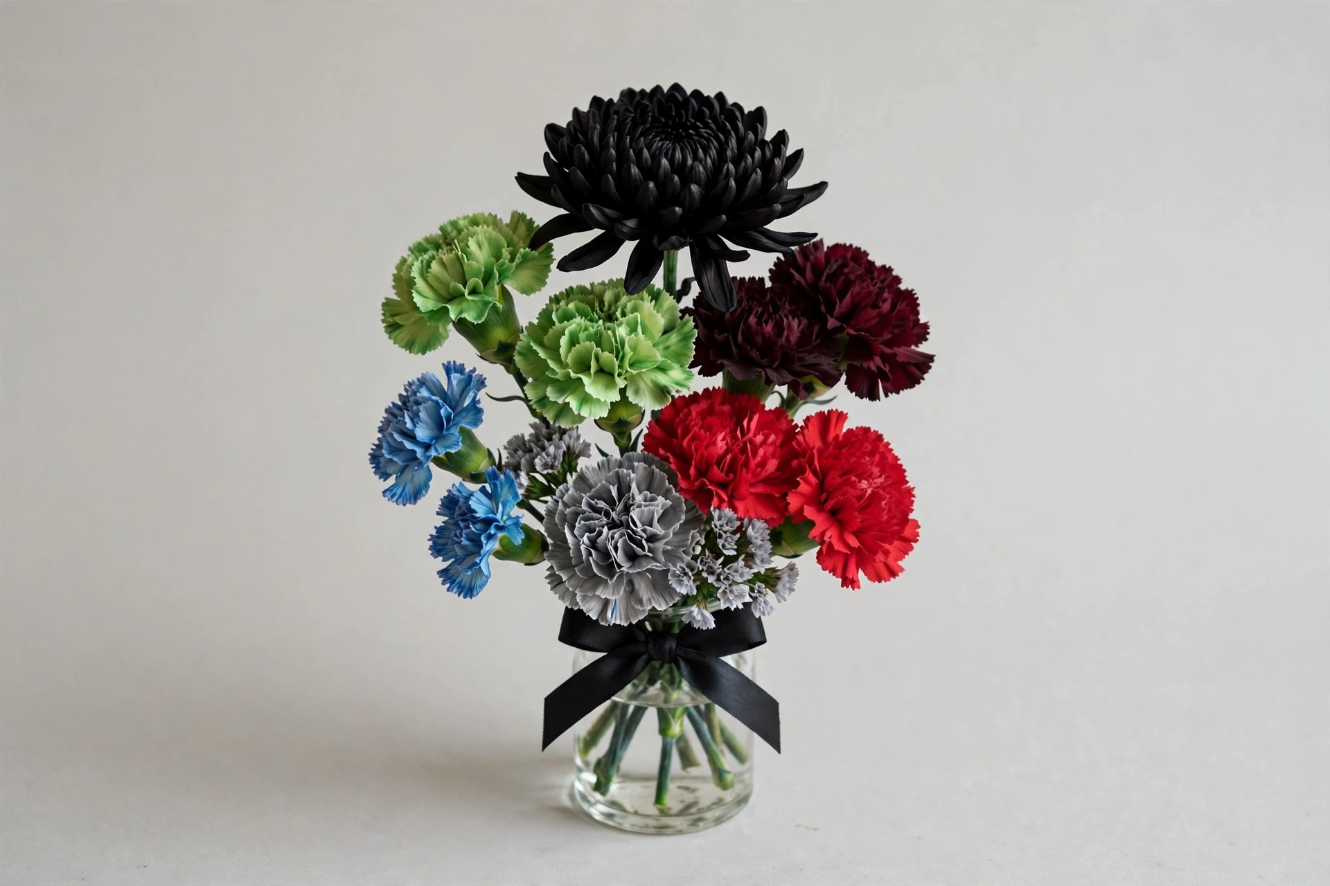 Full Villain bouquet mockup in black, green, burgundy, purple, blue, red, and gray flowers