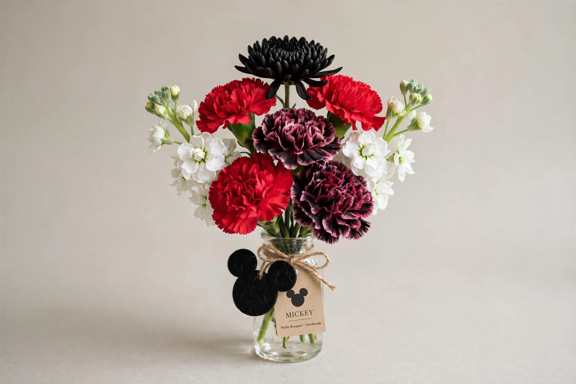 Mickey-inspired bouquet mockup in red, white, and black flowers