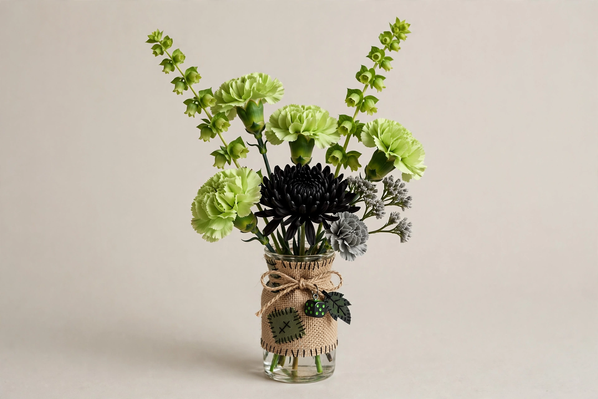 Oogie Boogie-inspired bouquet mockup in green, black, and gray flowers