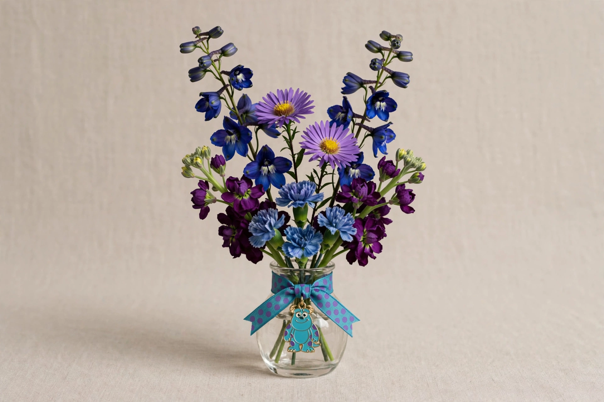 Sulley-inspired bouquet mockup in blue and purple flowers