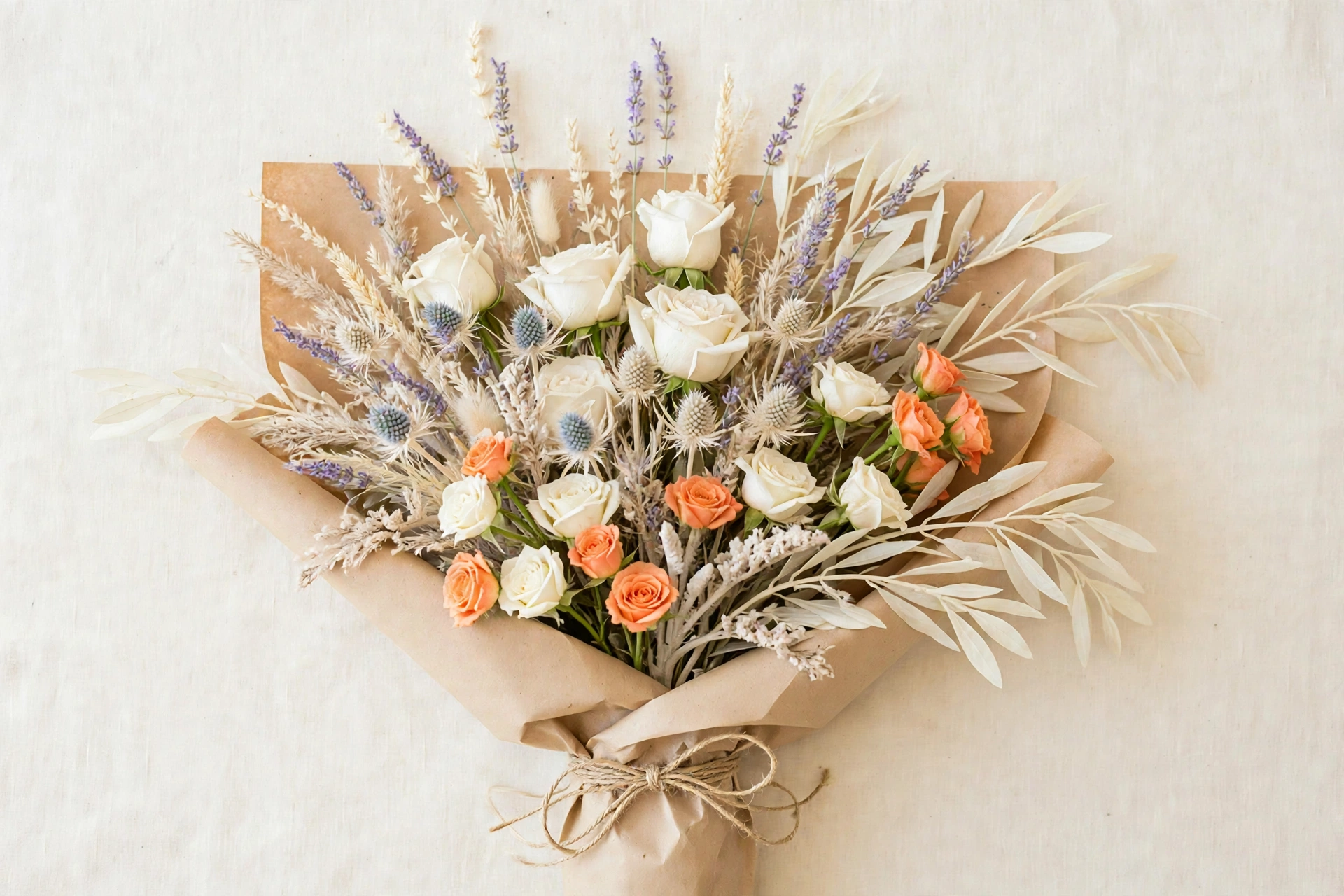 Cream roses, ivory and peach-orange spray roses, lavender, blue thistle, and dried cream grasses in a hand-tied bouquet