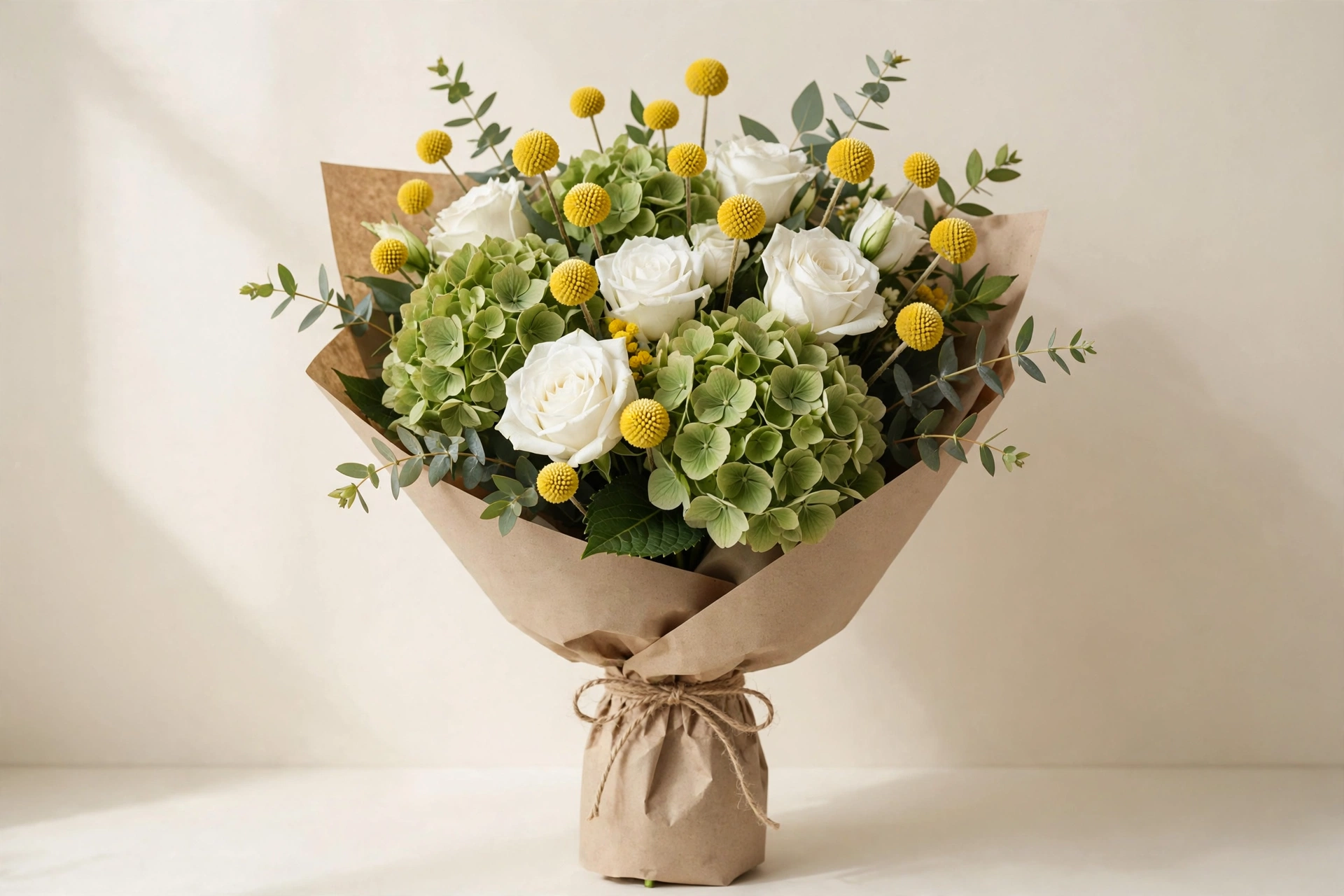 Green hydrangea, white roses, and yellow craspedia hand-tied bouquet