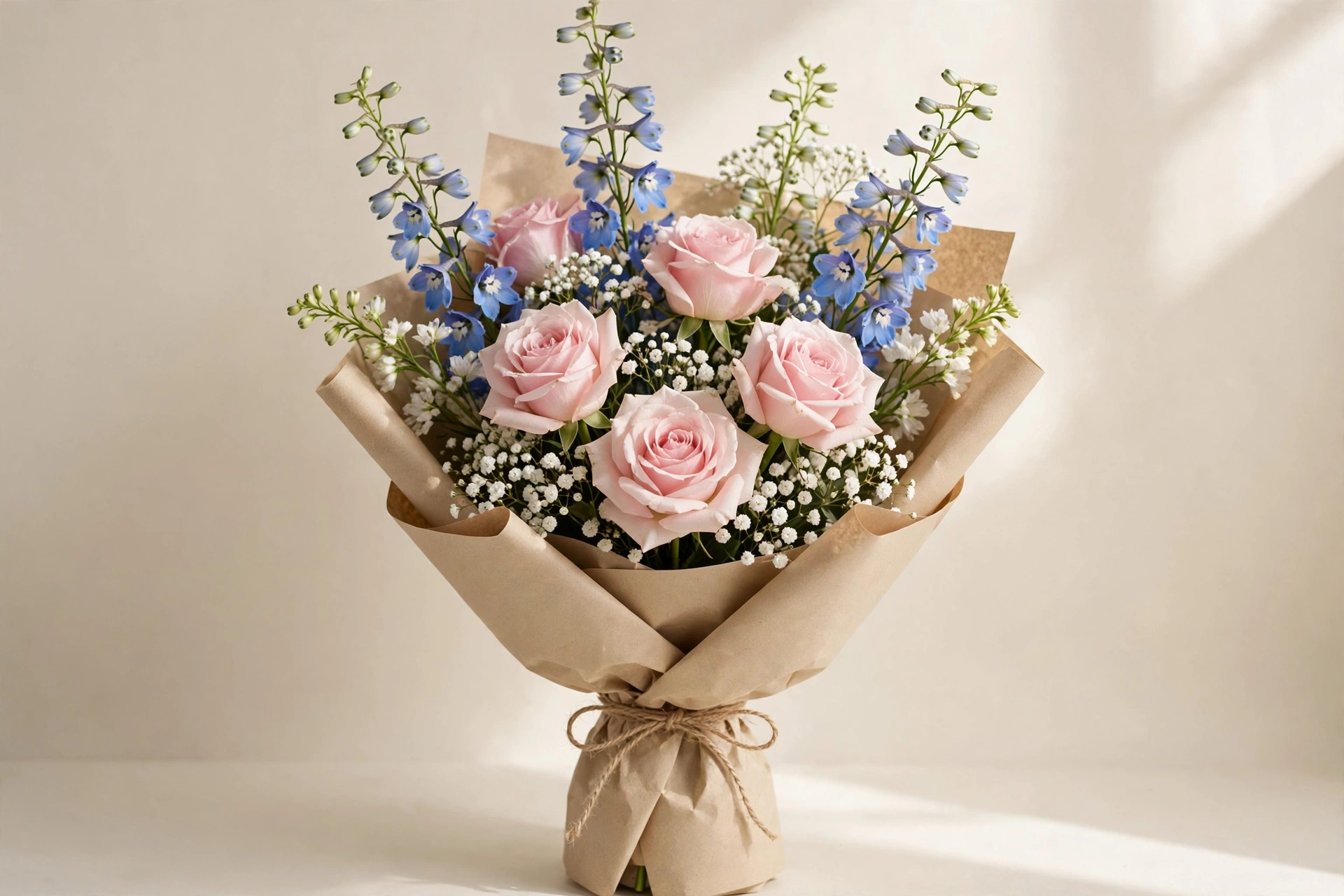 Briar Rose bouquet with pink roses, blue delphinium, and white filler flowers
