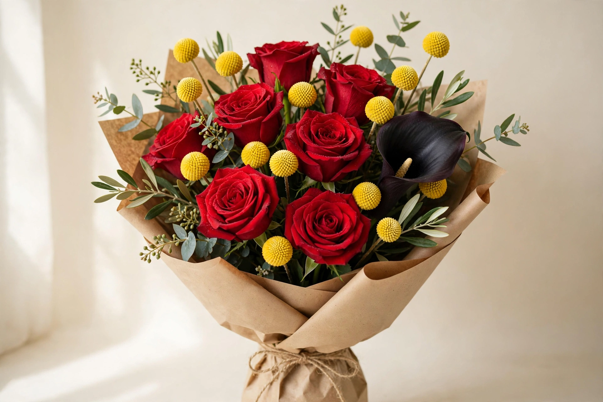 Red roses, a black calla lily, and yellow billy balls in a hand-tied bouquet
