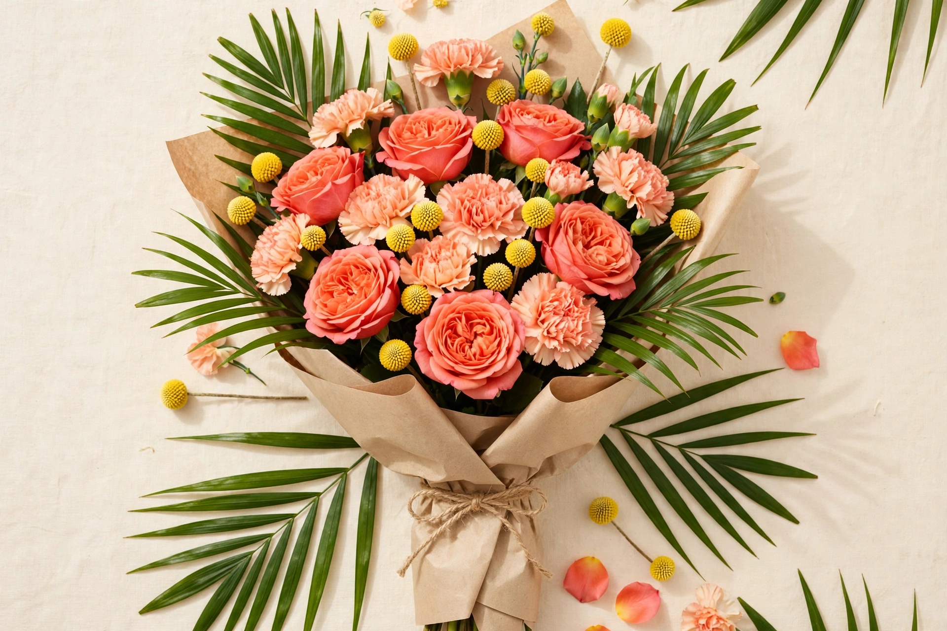 Coral garden roses, peach carnations, yellow billy balls, and palm leaves in a hand-tied bouquet