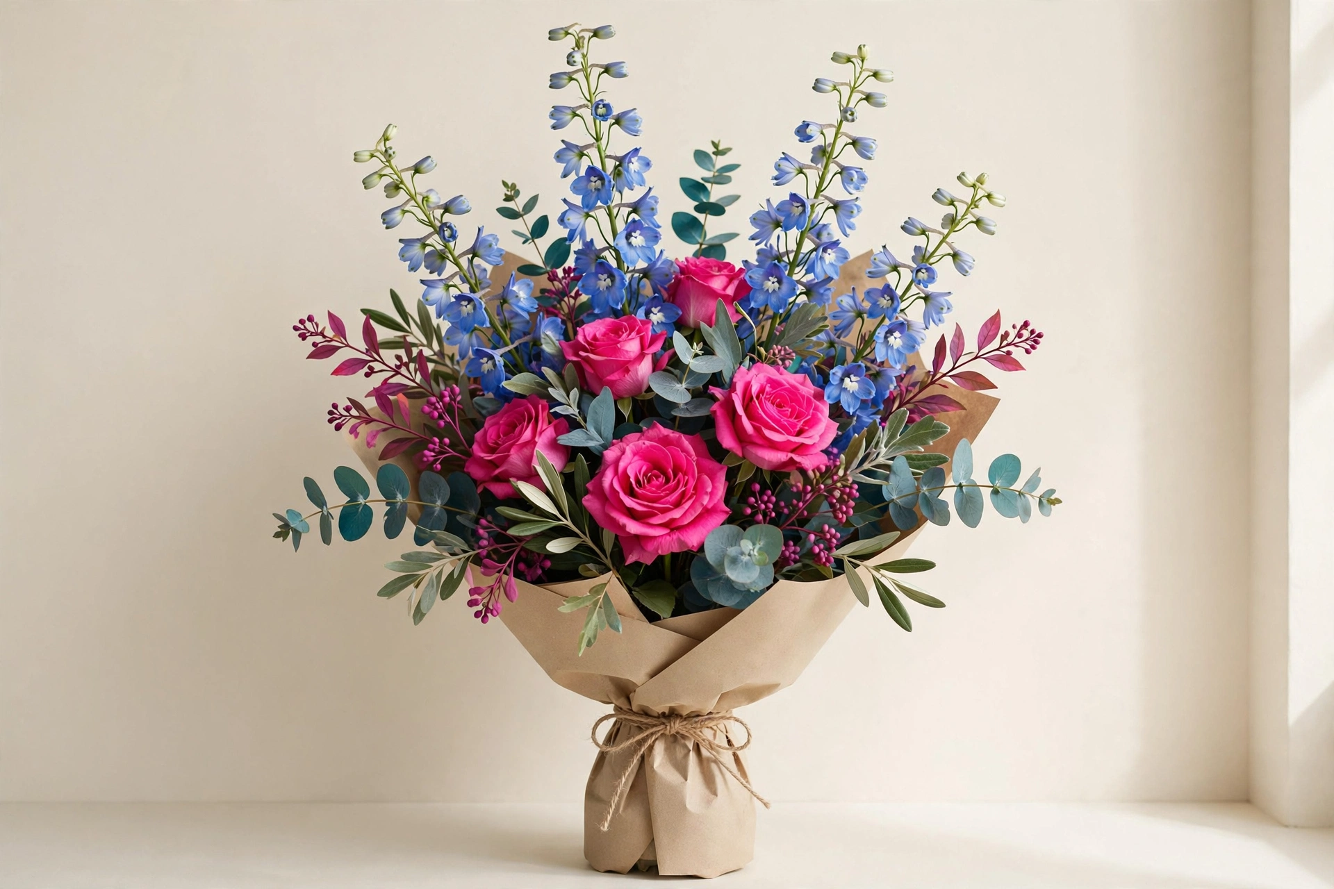 Blue delphinium and hot pink roses in a hand-tied bouquet