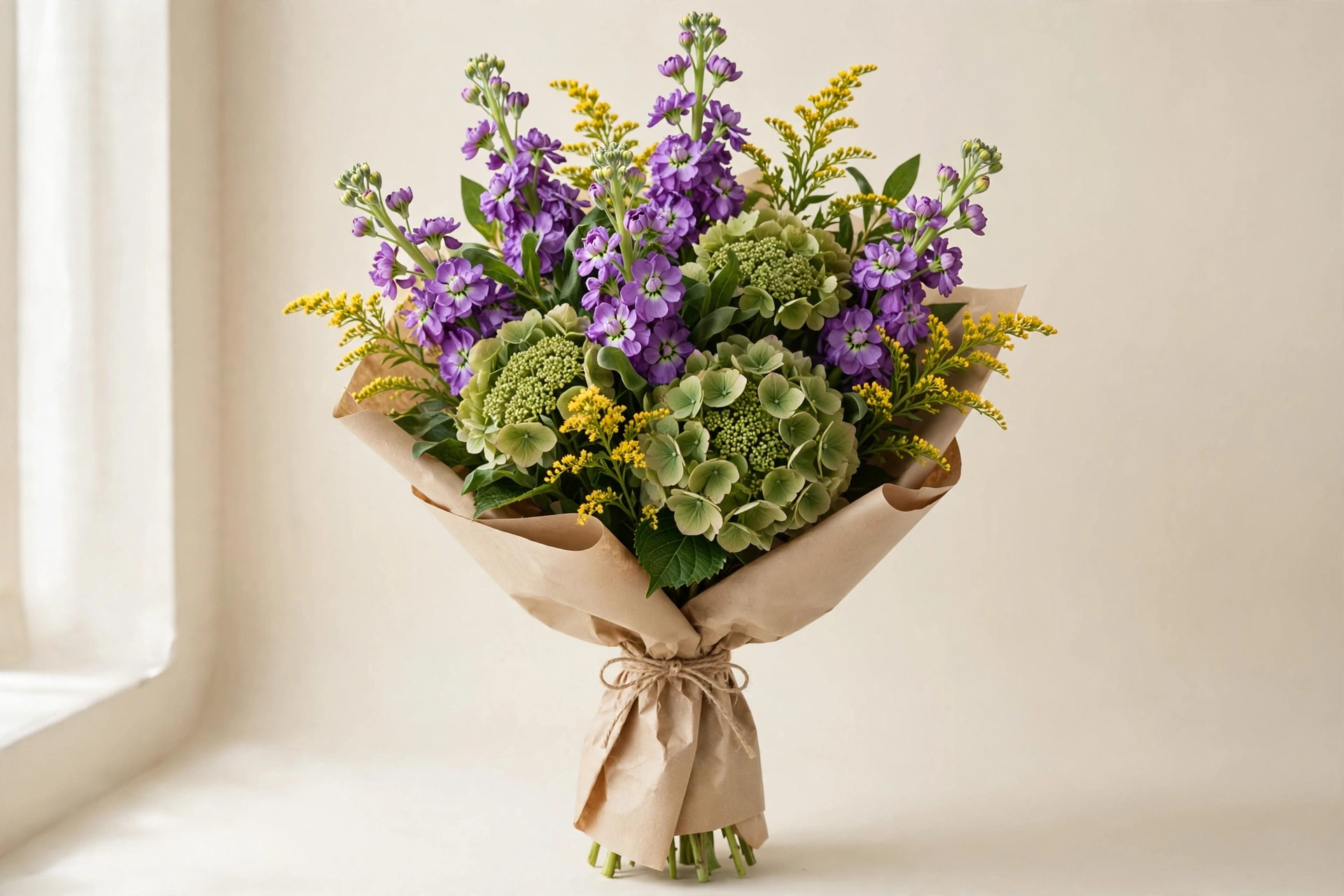 Purple stock, green hydrangea, and yellow solidago in a hand-tied bouquet