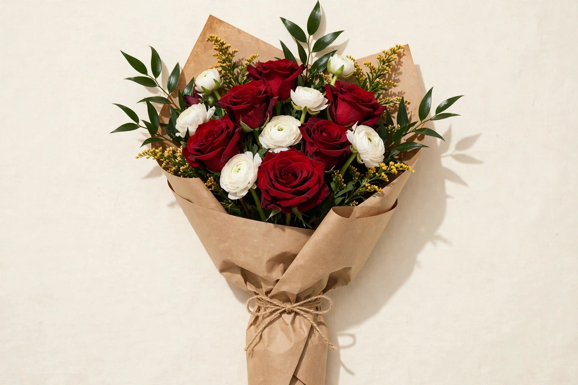 Deep red roses, white ranunculus, dark ruscus, and gold solidago in a hand-tied bouquet