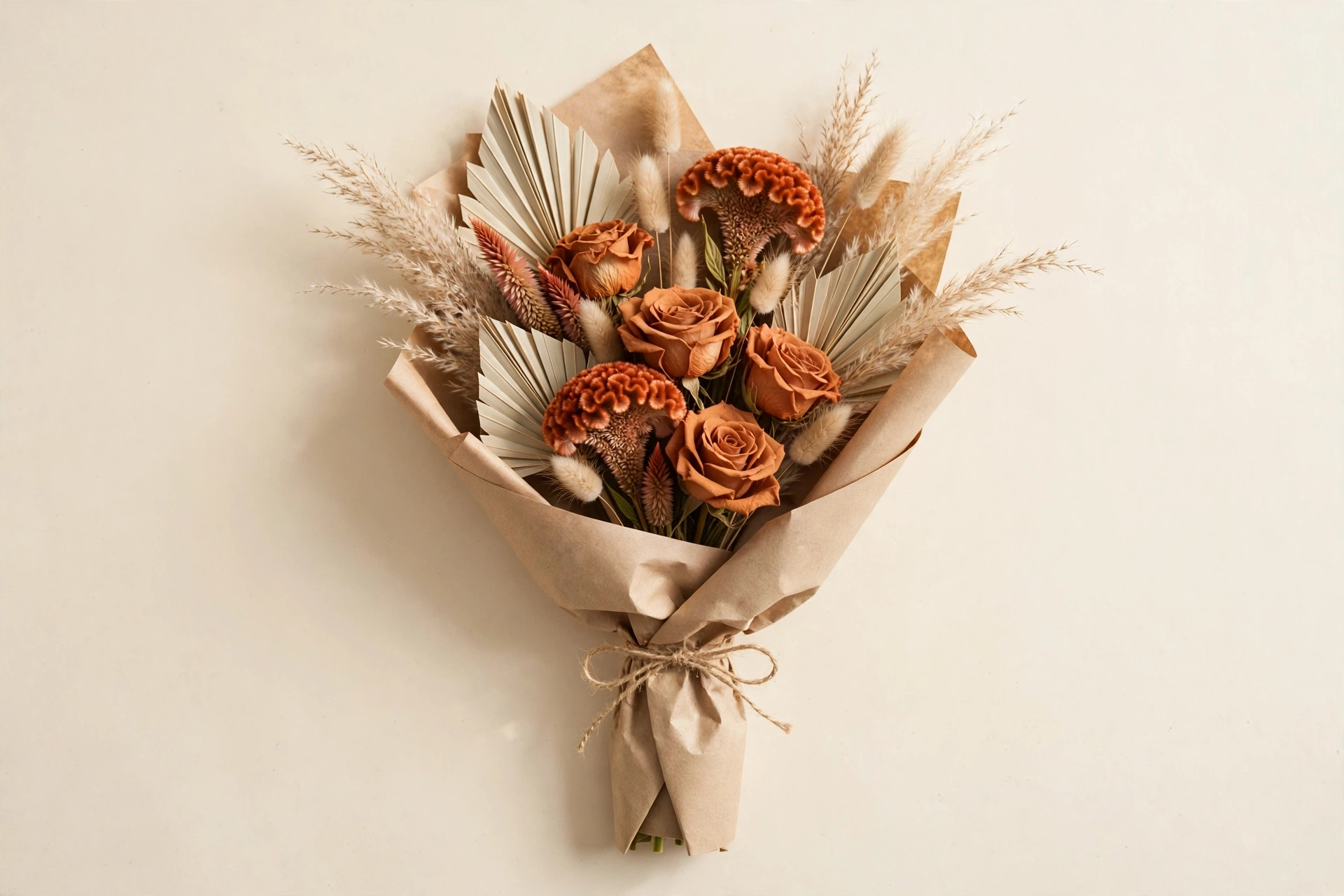 Terracotta roses, rust celosia, dried pampas grass, and beige dried palm in a hand-tied bouquet