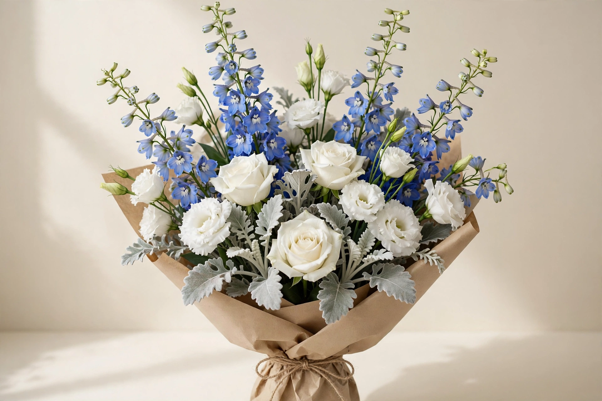 Icy blue delphinium, white roses, white lisianthus, and silver foliage hand-tied bouquet