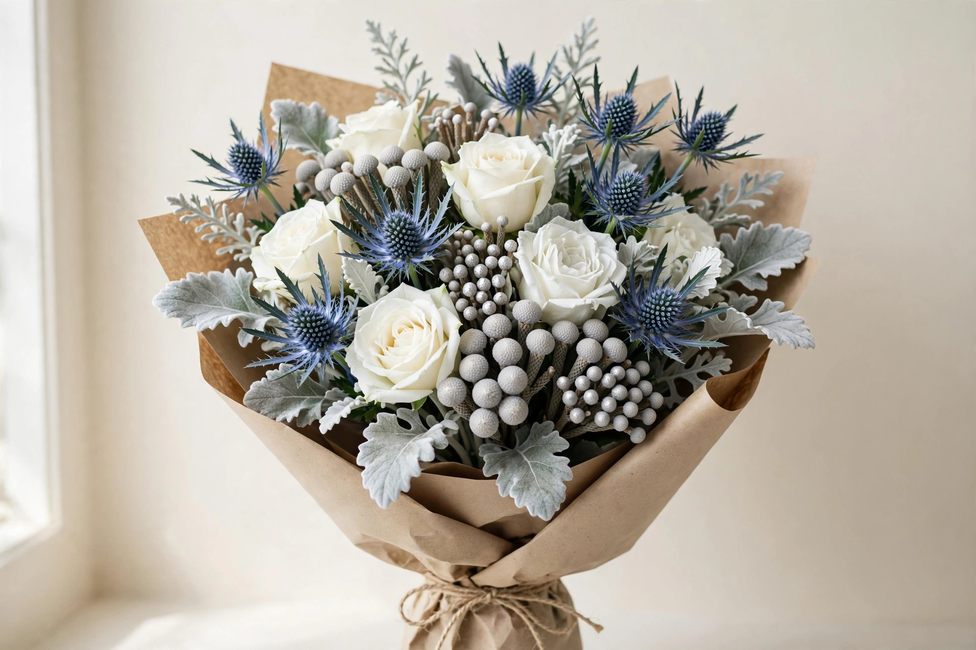 White roses, blue thistle, dusty miller, and silver brunia hand-tied bouquet