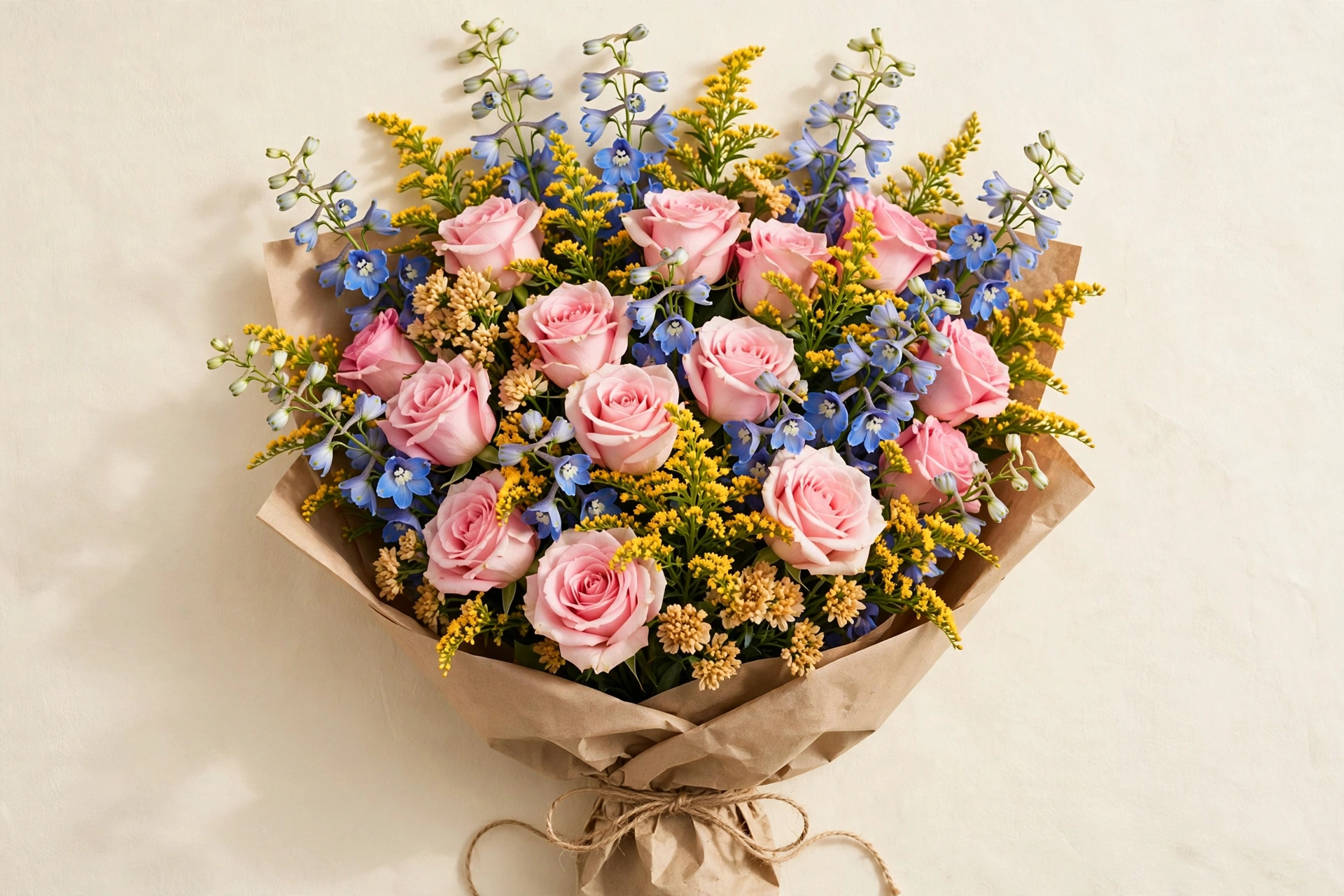 Pink roses, gold solidago, and blue delphinium hand-tied bouquet