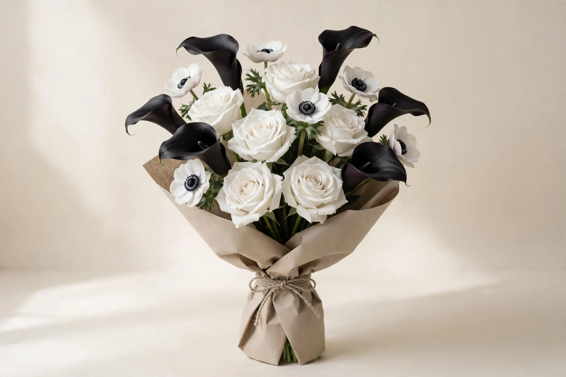 White roses, black calla lilies, and white anemones in a hand-tied bouquet
