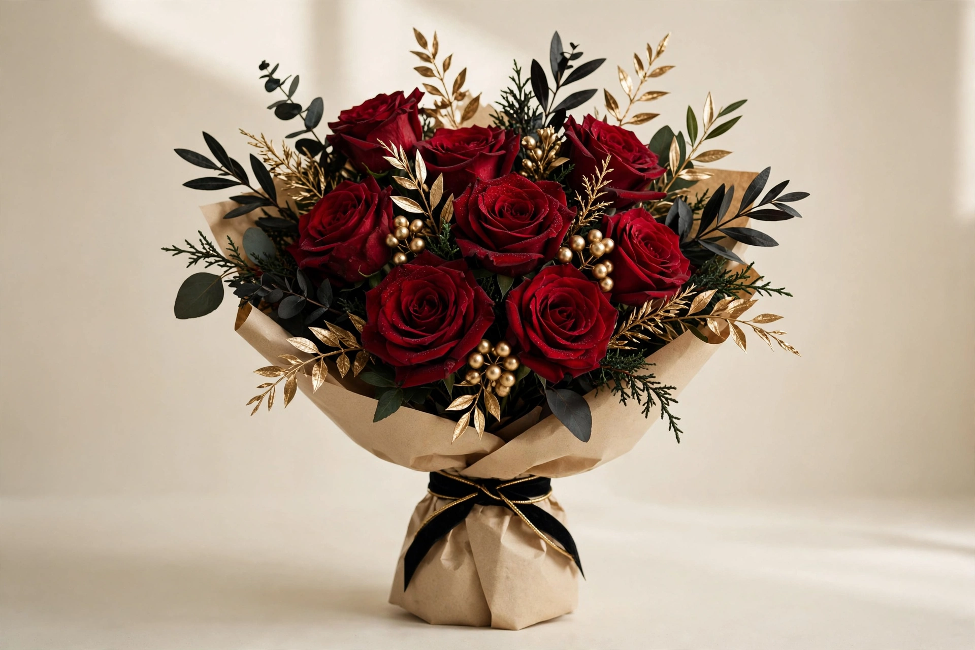 Red roses, gold accents, and dark greenery in a hand-tied bouquet