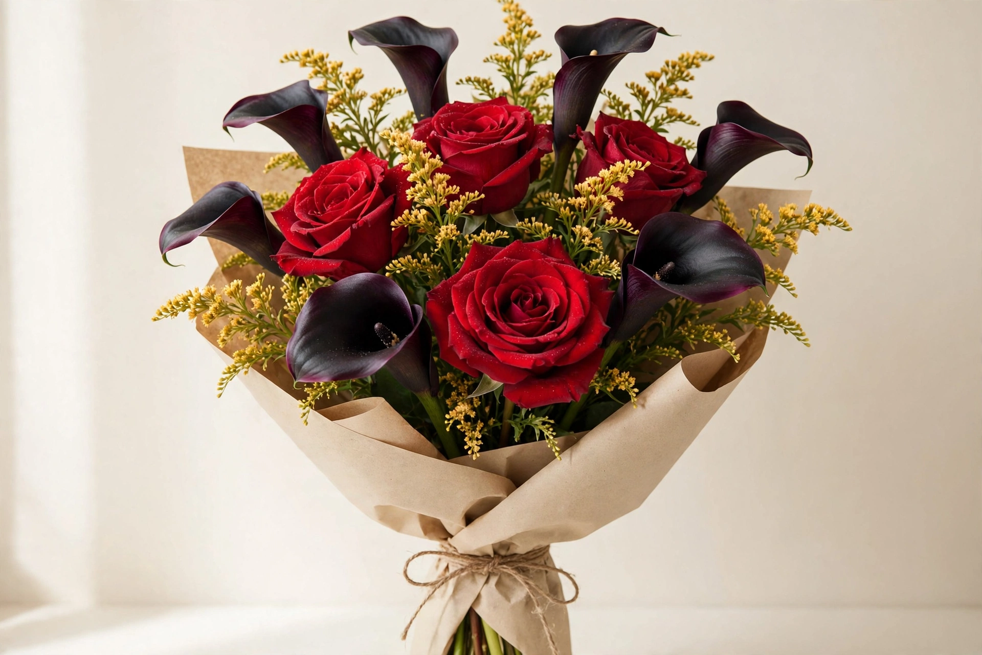 Red roses, black calla lilies, and gold solidago accents in a hand-tied bouquet