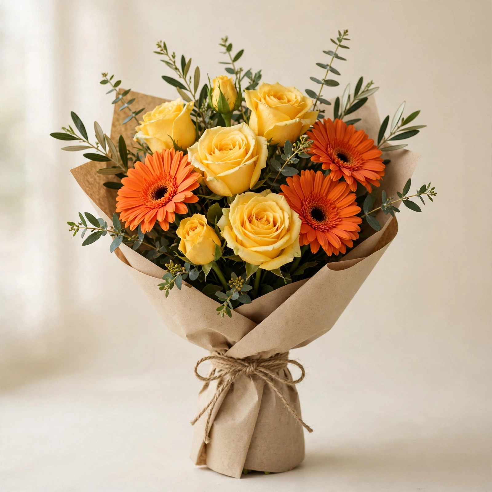 Yellow roses and orange gerbera daisies in a hand-tied bouquet