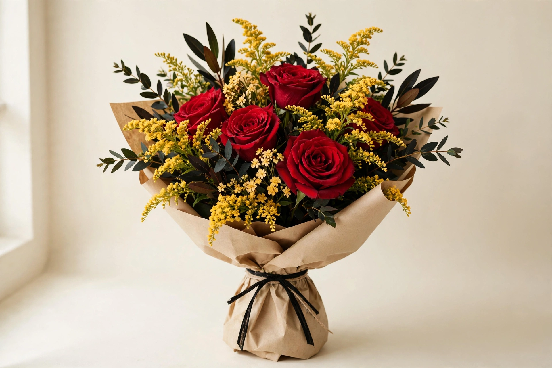 Red roses, gold solidago, and dark greenery in a hand-tied bouquet
