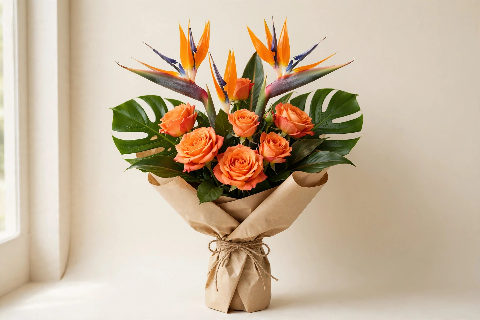 Birds of paradise, orange roses, and monstera leaves in a tropical hand-tied bouquet