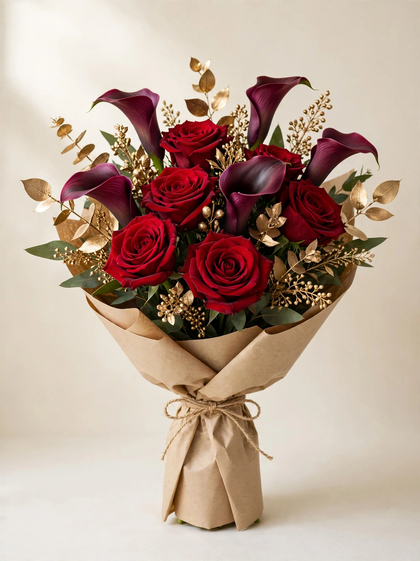 Red roses, gold accents, and burgundy calla lilies in a hand-tied bouquet