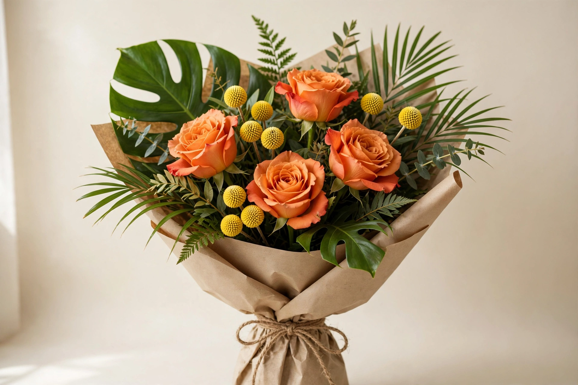 Orange roses, yellow billy balls, and tropical greens in a hand-tied bouquet