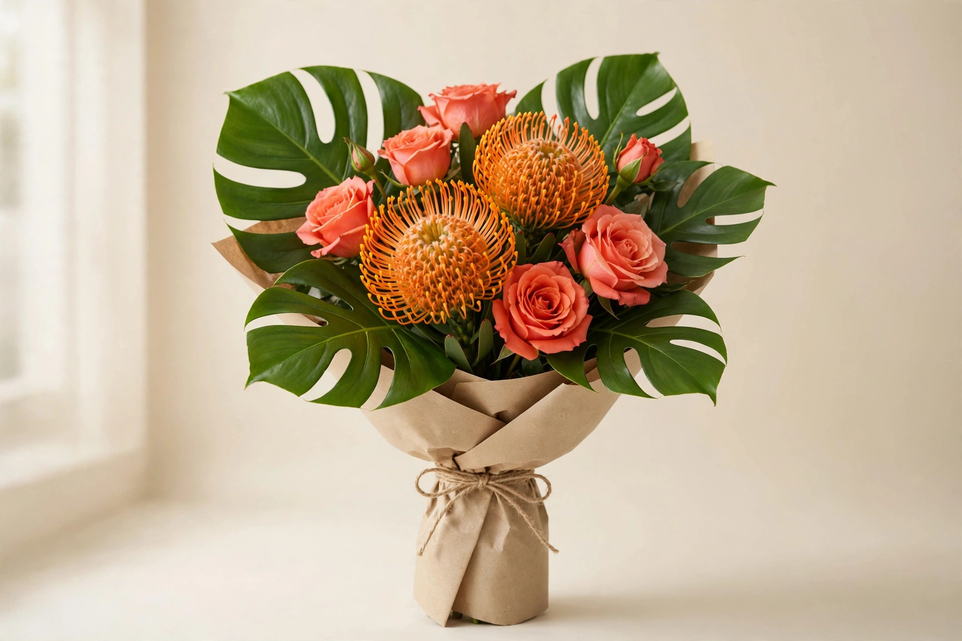 Orange pincushion protea, coral roses, and monstera leaves in a tropical hand-tied bouquet